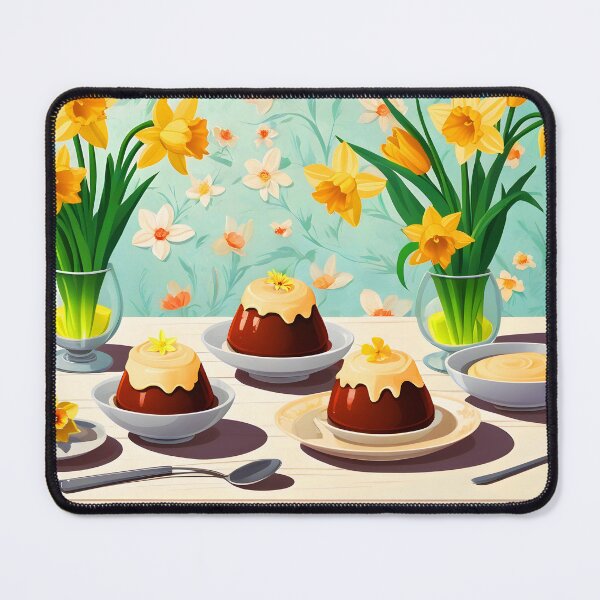 Item preview, Vanilla Puddings with Spring Daffodils – Cozy Food Art designed and sold by EmeraldeaArt.