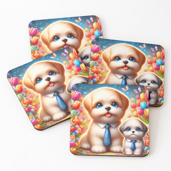 Item preview, Doggo Dad and Pup – Cute Cartoon Dogs with Blue Ties Among Tulips designed and sold by EmeraldeaArt.