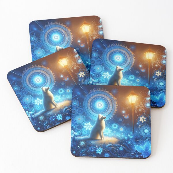 Item preview, Mystical White Wolf Under the Night Lamp – Spiritual Guide in Swirling Blues designed and sold by EmeraldeaArt.