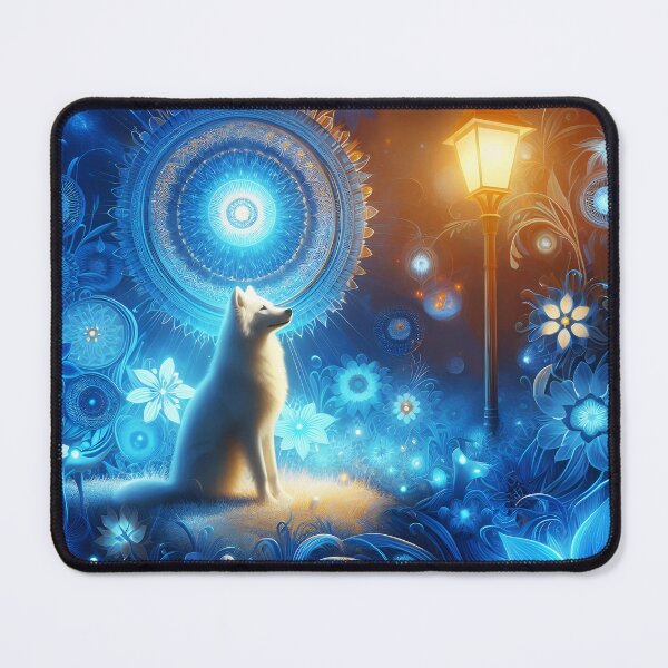 Item preview, Mystical White Wolf Under the Night Lamp – Spiritual Guide in Swirling Blues designed and sold by EmeraldeaArt.