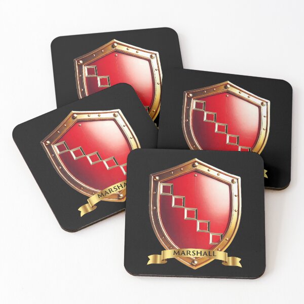 Item preview, Marshall Family Shield   Golden Steps on Red with Noble Name Banner designed and sold by Highlandkings.