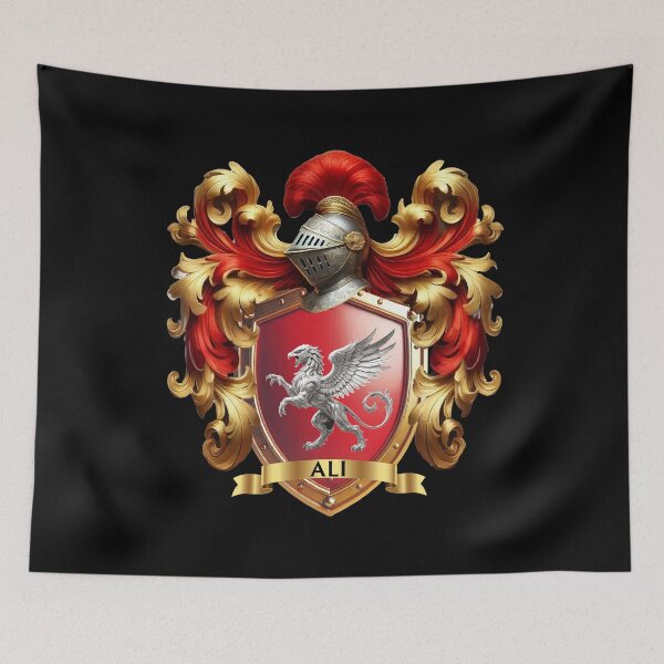 Item preview, Ali Family Crest  Silver Griffin on Red and Gold Shield designed and sold by Highlandkings.