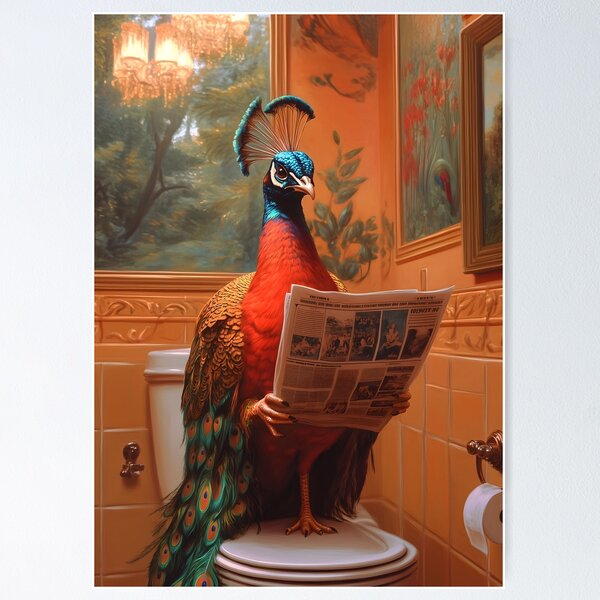 Item preview, Regal Peacock Bathroom Humor Scene Vibrant Feathers Newspaper Glam designed and sold by mildaclairmo.