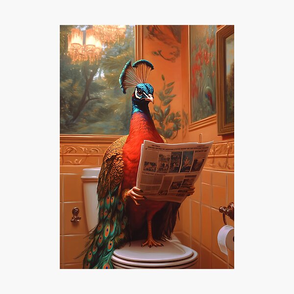 Item preview, Regal Peacock Bathroom Humor Scene Vibrant Feathers Newspaper Glam designed and sold by mildaclairmo.