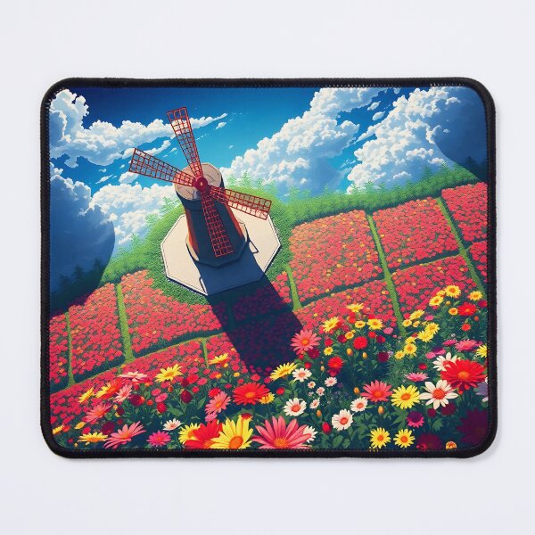Item preview, Summer Windmill Bird’s-Eye View – Colorful Red Flowerbeds Close-Up designed and sold by EmeraldeaArt.