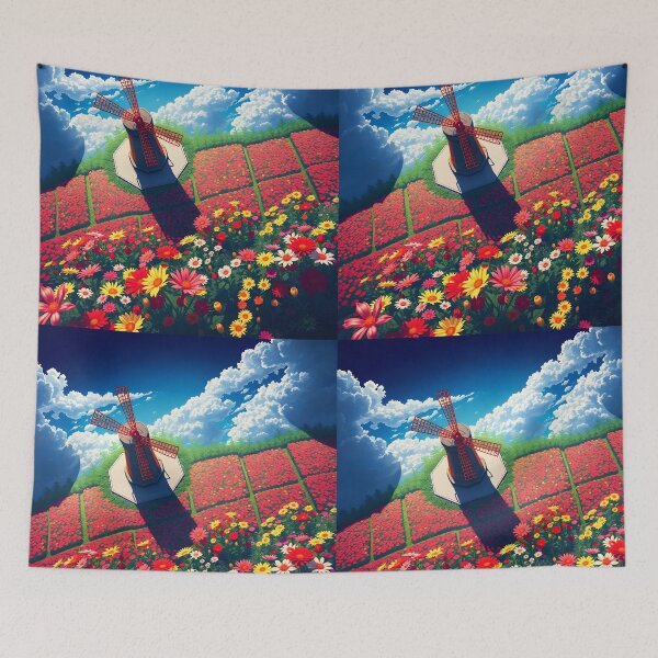 Item preview, Summer Windmill Bird’s-Eye View – Colorful Red Flowerbeds Close-Up designed and sold by EmeraldeaArt.