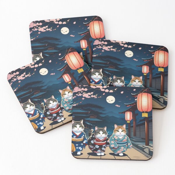 Item preview, Three Kimono Cats Under the Full Moon – Japanese Night Walk designed and sold by LEO'S CREATURE　れおずくりーちゃー.
