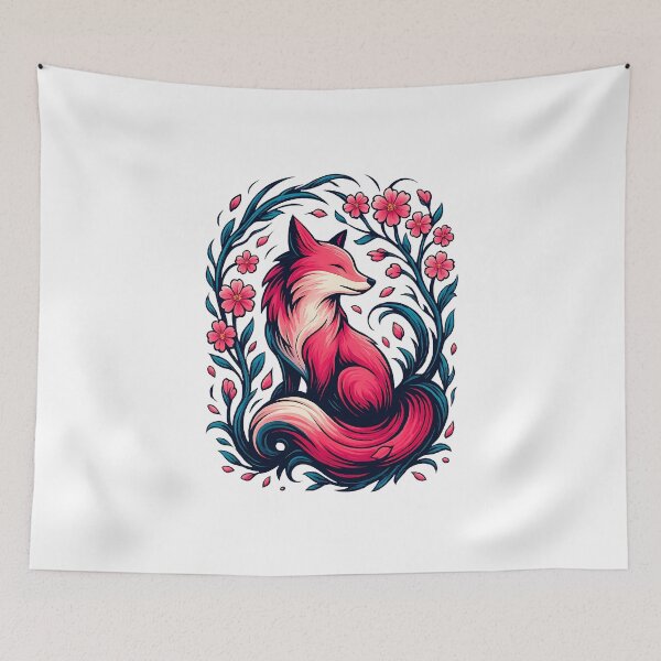Item preview, Fox Japanese Nine Tailed Fox Cherry Blossom Flowers designed and sold by TalalosART.