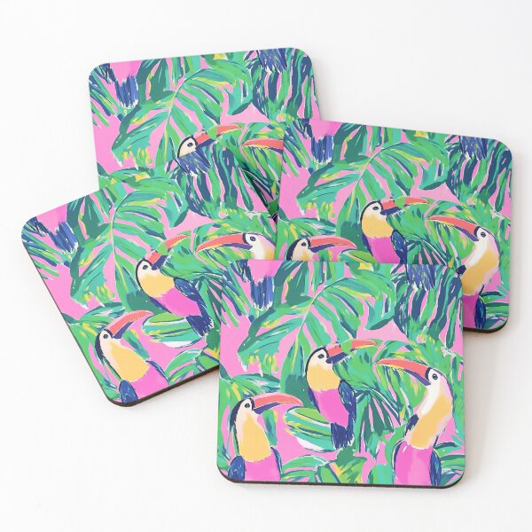 Item preview, Preppy toucan birds in a rainforest, gouache painting in pink and green designed and sold by SophieClimaArt.