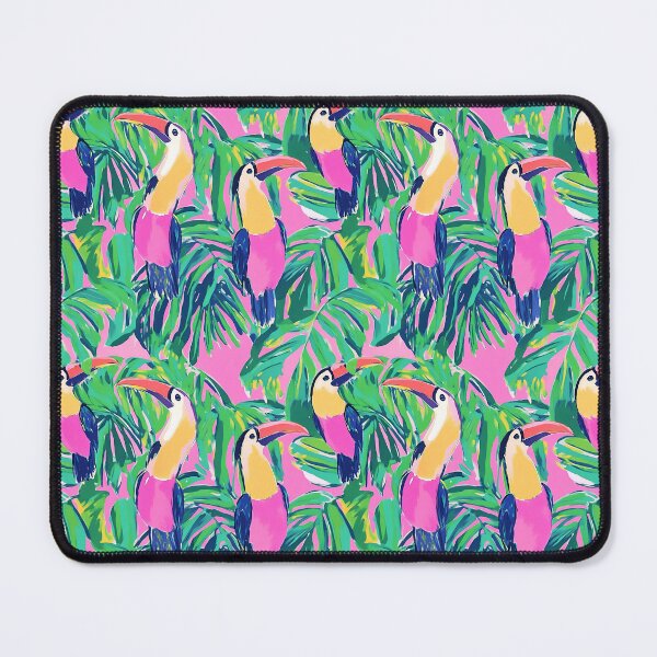 Item preview, Preppy toucan birds in a rainforest, gouache painting in pink and green designed and sold by SophieClimaArt.