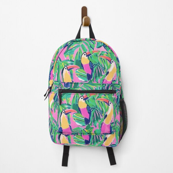 Item preview, Preppy toucan birds in a rainforest, gouache painting in pink and green designed and sold by SophieClimaArt.