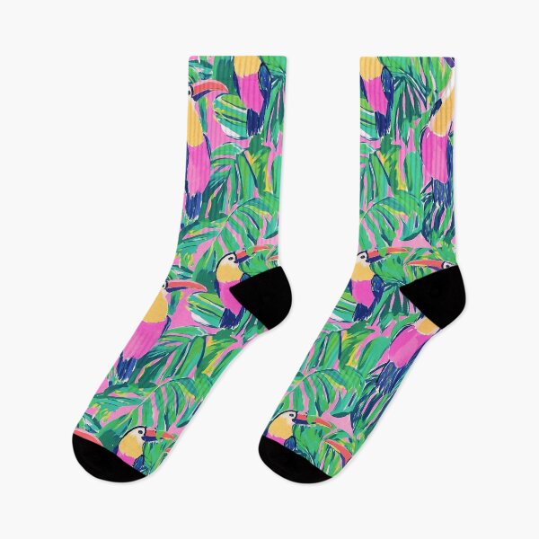 Item preview, Preppy toucan birds in a rainforest, gouache painting in pink and green designed and sold by SophieClimaArt.