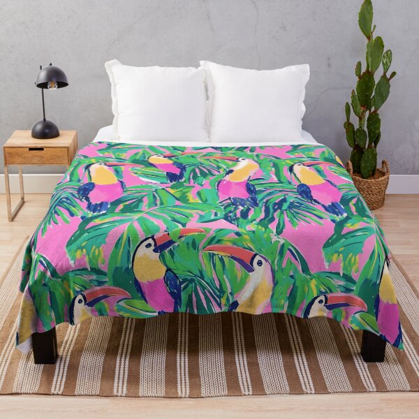 Item preview, Preppy toucan birds in a rainforest, gouache painting in pink and green designed and sold by SophieClimaArt.