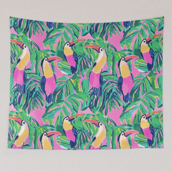 Item preview, Preppy toucan birds in a rainforest, gouache painting in pink and green designed and sold by SophieClimaArt.
