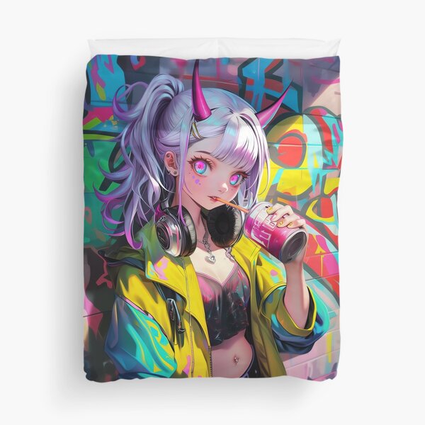Item preview, Cool anime girl with horns in a colorful alley with graffiti designed and sold by TheArtistOf2022.