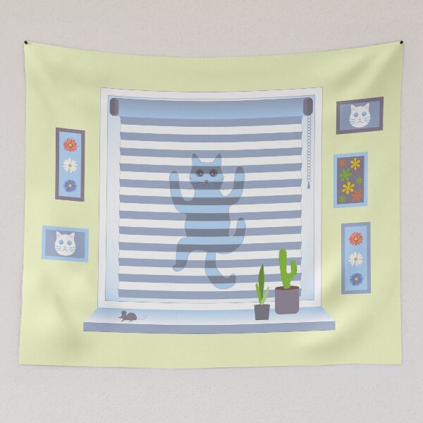 Item preview, Funny Cat Sneaking Behind Window Blind to Catch a Mouse – Vector Illustration designed and sold by amatiana.