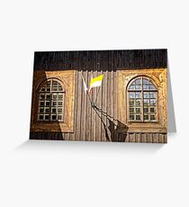 Windows of old wooden church wall Greeting Card