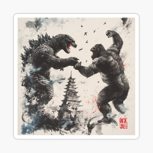 Vista previa del artículo con la obra «Godzilla peleando con King Kong», diseñado y vendido por Pop Haven.