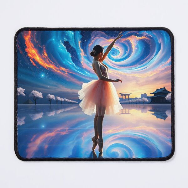 Item preview, Surreal Ballerina Dance – Bluish Swirly Sky and Distant Asian House designed and sold by EmeraldeaArt.