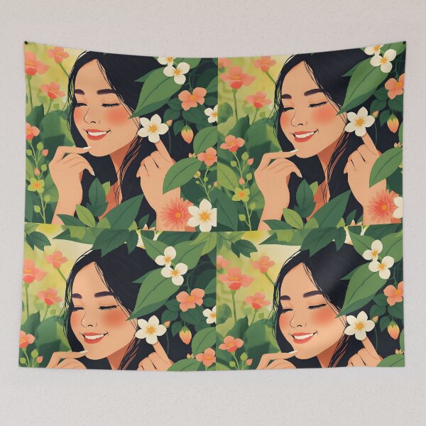 Item preview, Hidden Grace – Asian Beauty in Blooming Bush Digital Art designed and sold by EmeraldeaArt.