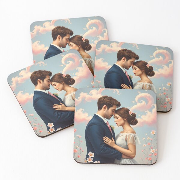 Item preview, Pastel Wedding Couple Embrace – Dreamy Wildflowers and Clouds Digital Art designed and sold by EmeraldeaArt.