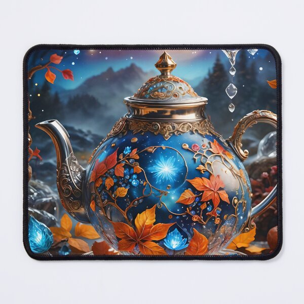 Item preview, Dreamy Blue Teapot in Autumn Leaves – Fantasy Forest Reflection Art designed and sold by EmeraldeaArt.