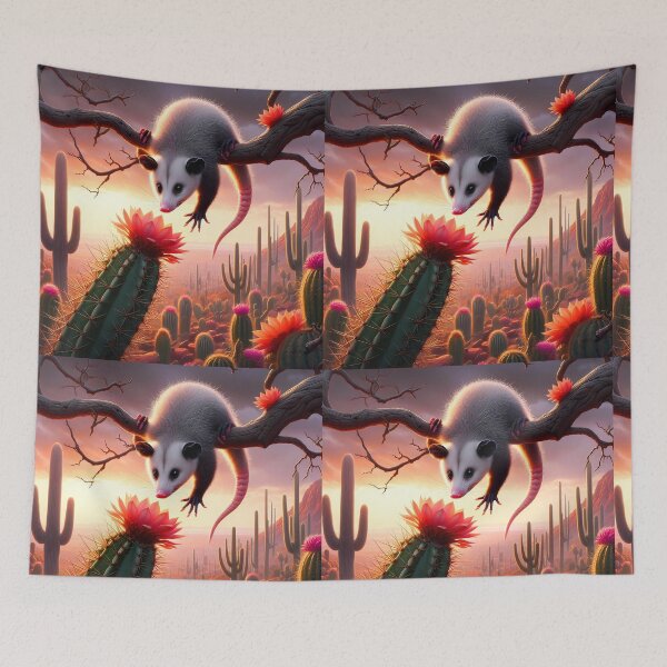 Item preview, Cute Opossum Reaching for Cactus Flower – Desert Floral Wildlife Art designed and sold by EmeraldeaArt.