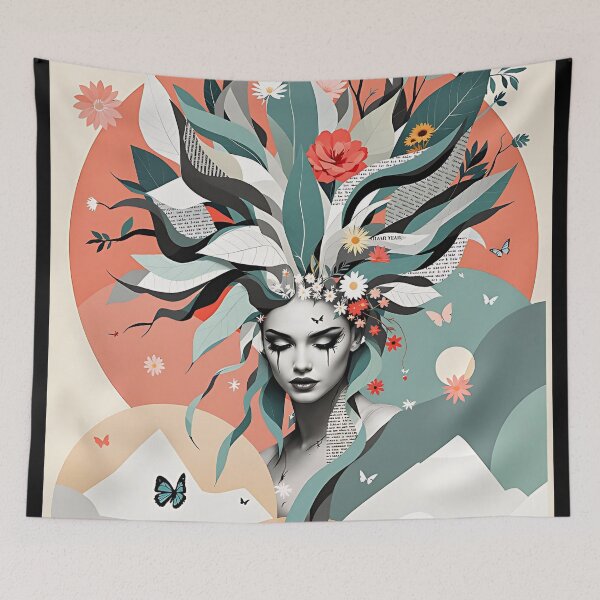 Item preview, A beautiful woman stands in front of mountains, flowers and butterflies. designed and sold by ReneMM.