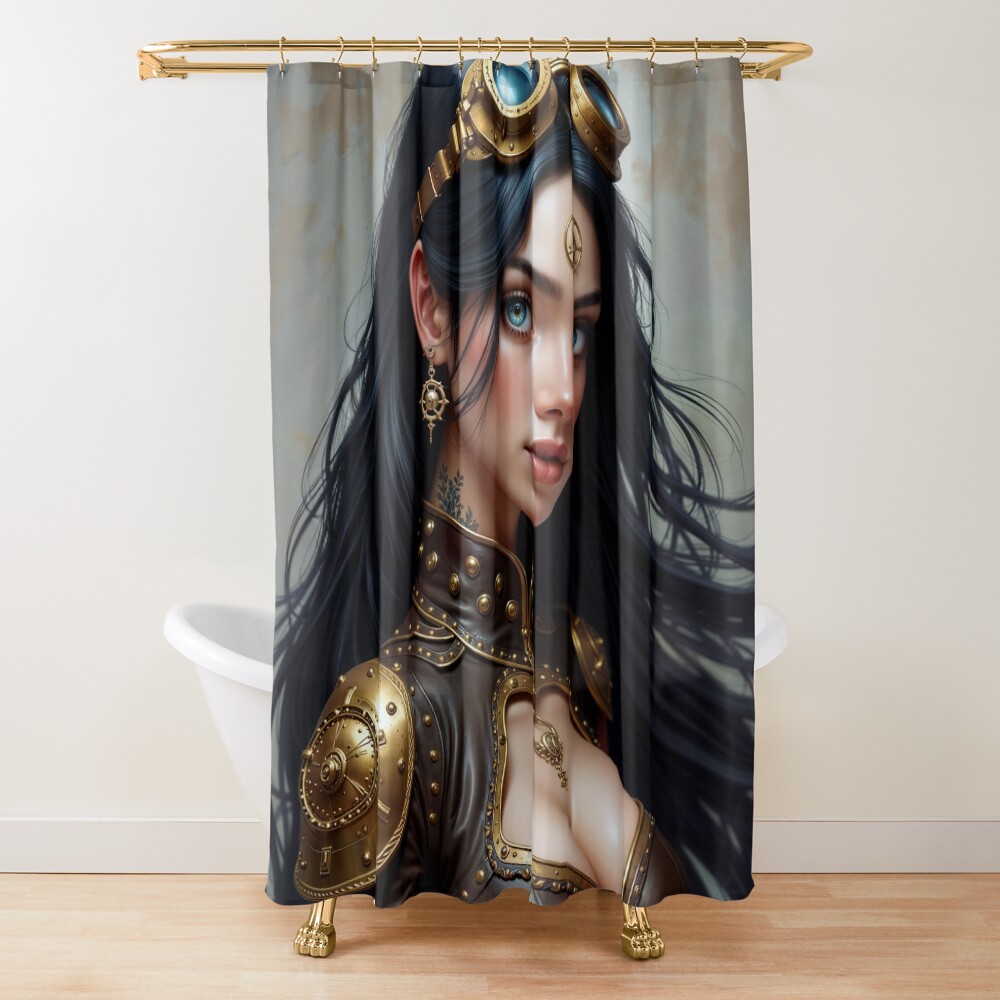 Steampunk Portrait Of The Enigmatic Beauty, Lilinae Valorenti Enticing AI Concept Art by Xzendor7 Decorative Art Print Shower Curtain