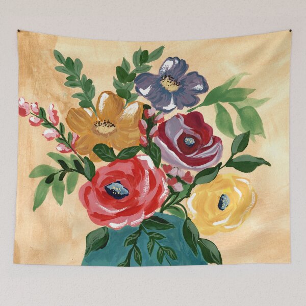 Item preview, Gouache Painterly Bright Flowers in Teal Green Vase Modern Floral designed and sold by JasmineGDesigns.