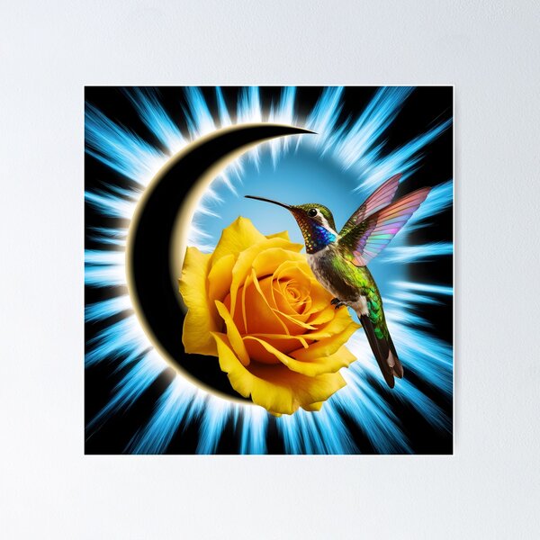 Item preview, Crescent Moon with Yellow Rose and Kolibri – Delicate Nature Art designed and sold by EmeraldeaArt.