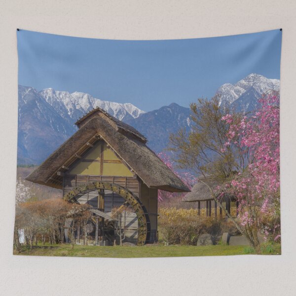 Item preview, Traditional Waterwheel Mill and Cherry Blossoms in the Rural Highlands of Hokuto, Yamanashi, Japan designed and sold by Pix4Japan.