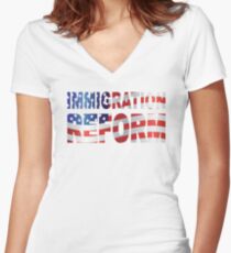 Government Immigration Reform Text Outline with USA American Flag Illustration Women's Fitted V-Neck T-Shirt