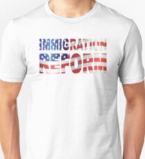 Government Immigration Reform Text Outline with USA American Flag Illustration Unisex T-Shirt