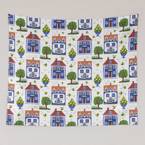 Item preview, Cartoon style house pattern with trees, lemons, flowers and decorative elements designed and sold by olenapetol.