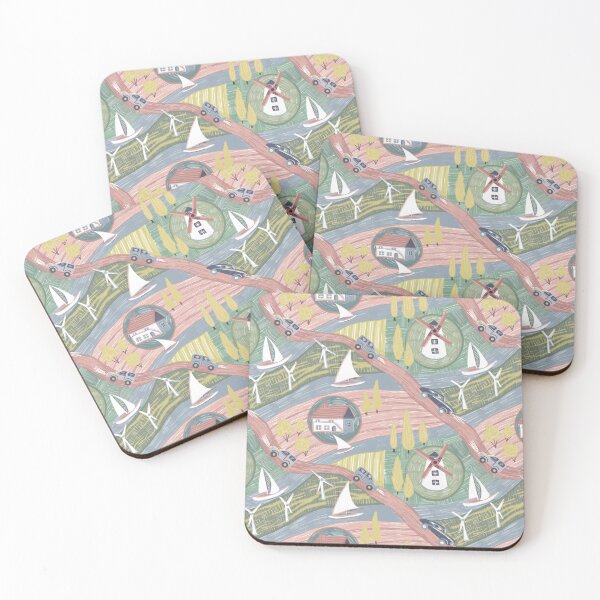 Item preview, Colorful seamless pattern with images of boats, winding roads, wind turbines, windmills, rivers and village houses	 designed and sold by olenapetol.