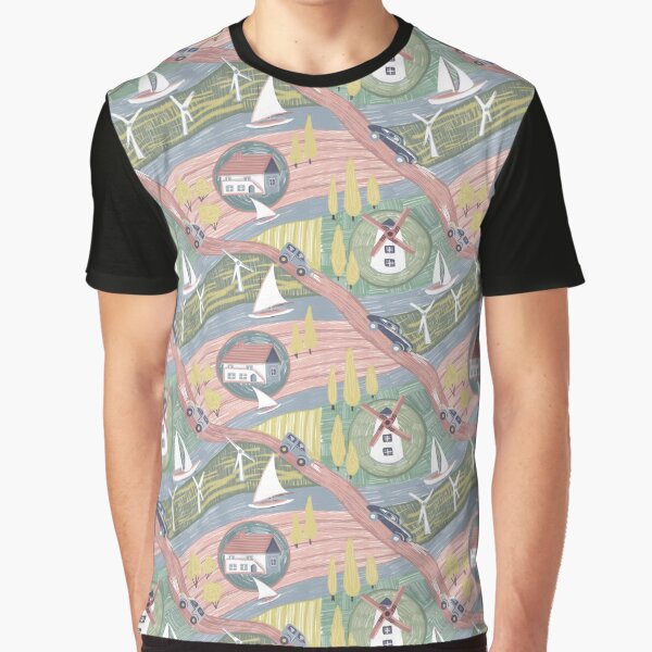 Item preview, Colorful seamless pattern with images of boats, winding roads, wind turbines, windmills, rivers and village houses	 designed and sold by olenapetol.