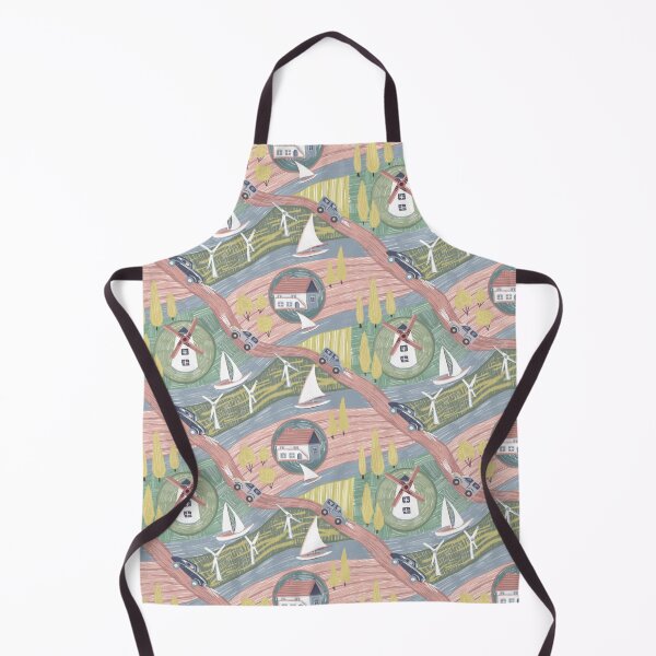 Item preview, Colorful seamless pattern with images of boats, winding roads, wind turbines, windmills, rivers and village houses designed and sold by olenapetol.