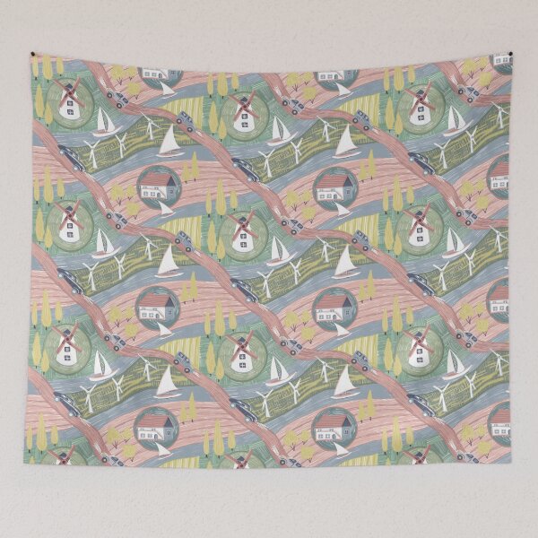 Item preview, Colorful seamless pattern with images of boats, winding roads, wind turbines, windmills, rivers and village houses	 designed and sold by olenapetol.