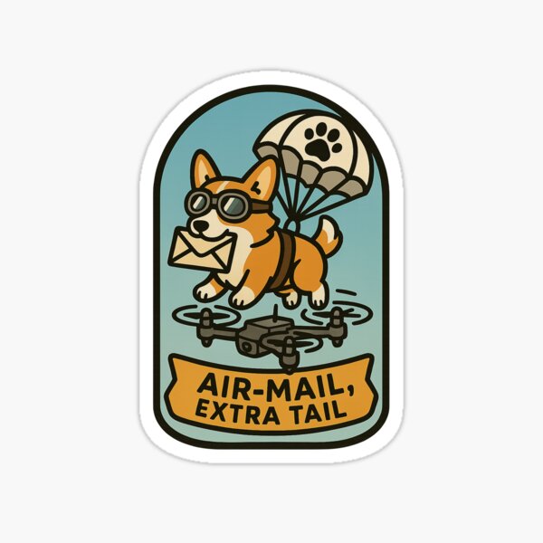 Item preview, Air-Mail, Extra Tail - Funny Drone Delivery Corgi Sticker designed and sold by GoodVibes Gifts.