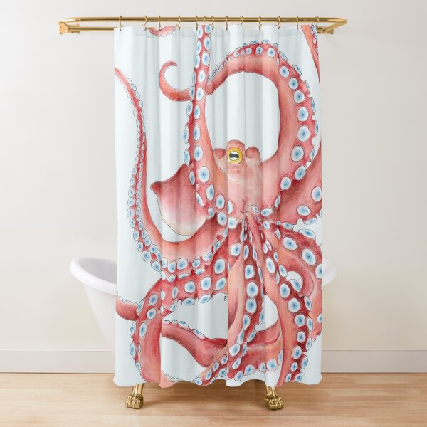 Red Octopus Tentacles dance Watercolor Ink Art Shower Curtain