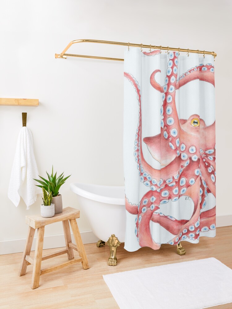 Alternate view of Red Octopus Tentacles dance Watercolor Ink Art Shower Curtain