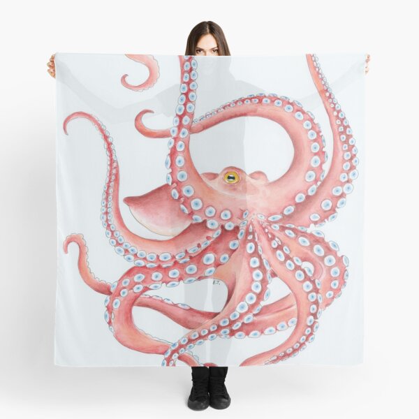 Red Octopus Tentacles dance Watercolor Ink Art Scarf