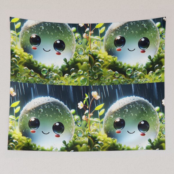 Item preview, Smiling Raindrop – Fantasy Macro Rain Over Mossy Floral Scene designed and sold by EmeraldeaArt.