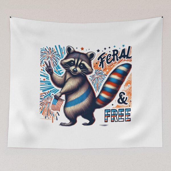 Artikelvorschau, Wild und frei lustig patriotischen Waschbär Frieden 4. Juli entworfen und verkauft von ArtFromBeyond.