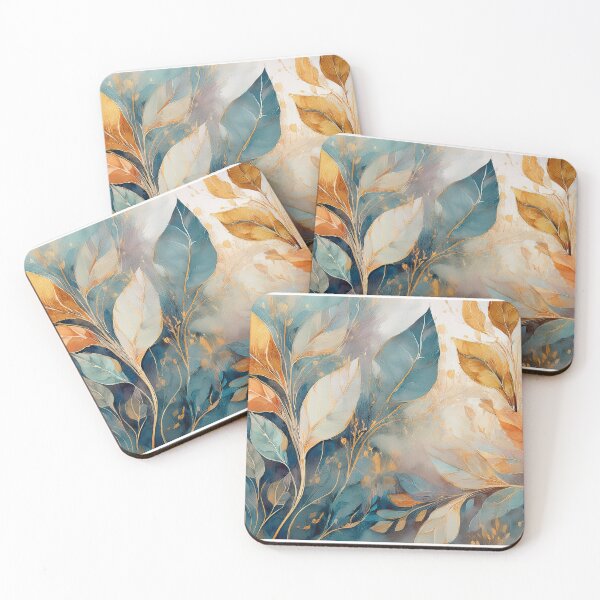Item preview, Dusty blue and burnt orange, Neutral VINTAGE leaves, boho beige wildflower watercolour garden, neutral orange and green alcohol ink effect, green leafy floral spring painting designed and sold by navitalidesign.