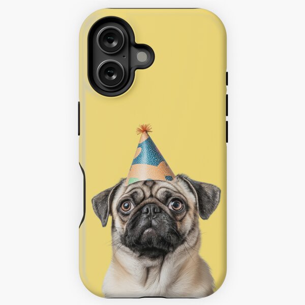 Vista previa del artículo con la obra «Lindo perro Pug con sombrero de fiesta para celebrar cumpleaños», diseñado y vendido por LazyOwlStore.