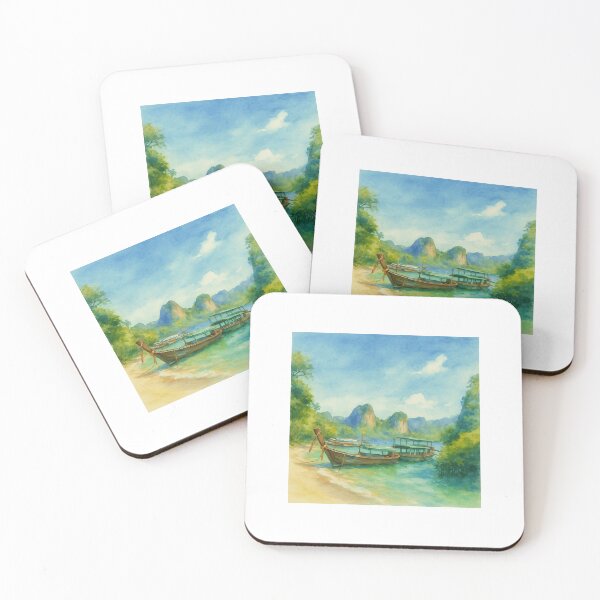 Item preview, Krabi Thailand Watercolor – Longtail Boats by the Shore designed and sold by SoftEmotion.