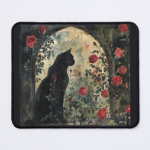 Item preview, Elegant Black Cat with Roses in Gothic Garden designed and sold by Line-Creations.