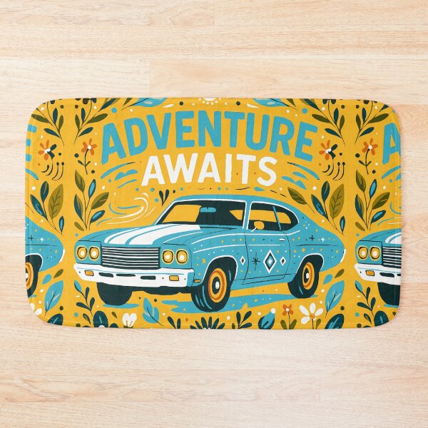 Item preview, Adventure Awaits! Classic Car - Retro Blue Muscle Car with Bold Flowers by heidiannemorris © designed and sold by FOLK ART FUSION by heidiannemorris.